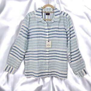 UNTUCKit Womens Blue White‎ Striped 100% Linen Button Down Shirt Size 12 NWT